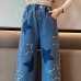 【3Y-12Y】Girls Fashion Star Embroidered Blue Jeans