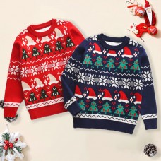 【2Y-8Y】Boy Keep Warm Christmas Tree Santa Hat Snowflakes Jacquard Colorblock Round Neck Sweater